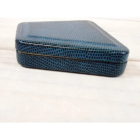 Vintage Jewelry Trinket Presentation Box Blue Metal Faux Snakeskin Velvet - Picture 8 of 14